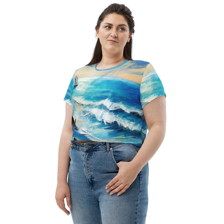 Womens Stretch Fit Crop Tee T-shirt Jersey - Blue Ocean Print