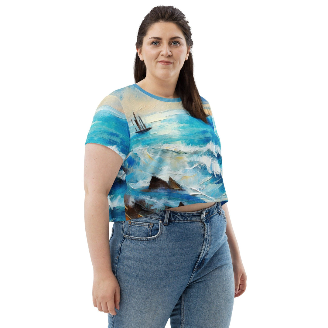 Womens Stretch Fit Crop Tee T-shirt Jersey - Blue Ocean Print