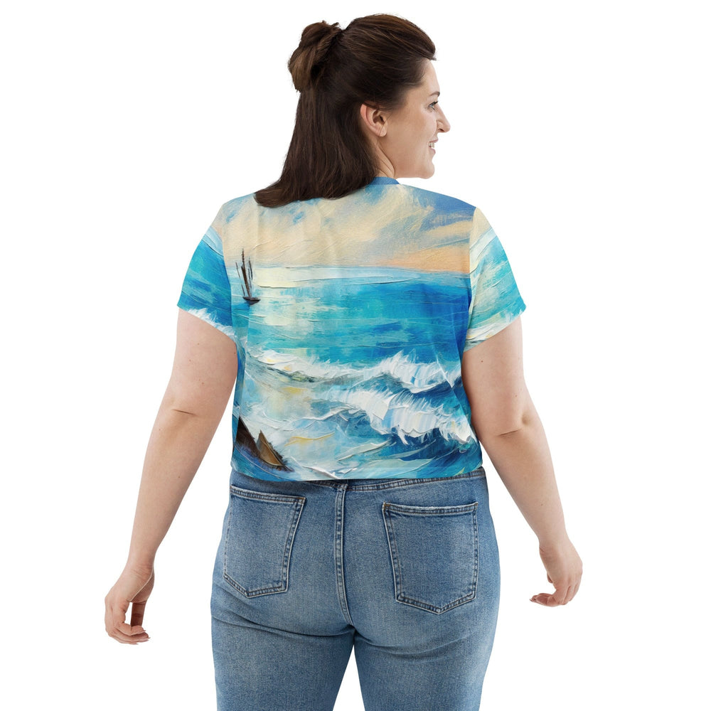 Womens Stretch Fit Crop Tee T-shirt Jersey - Blue Ocean Print