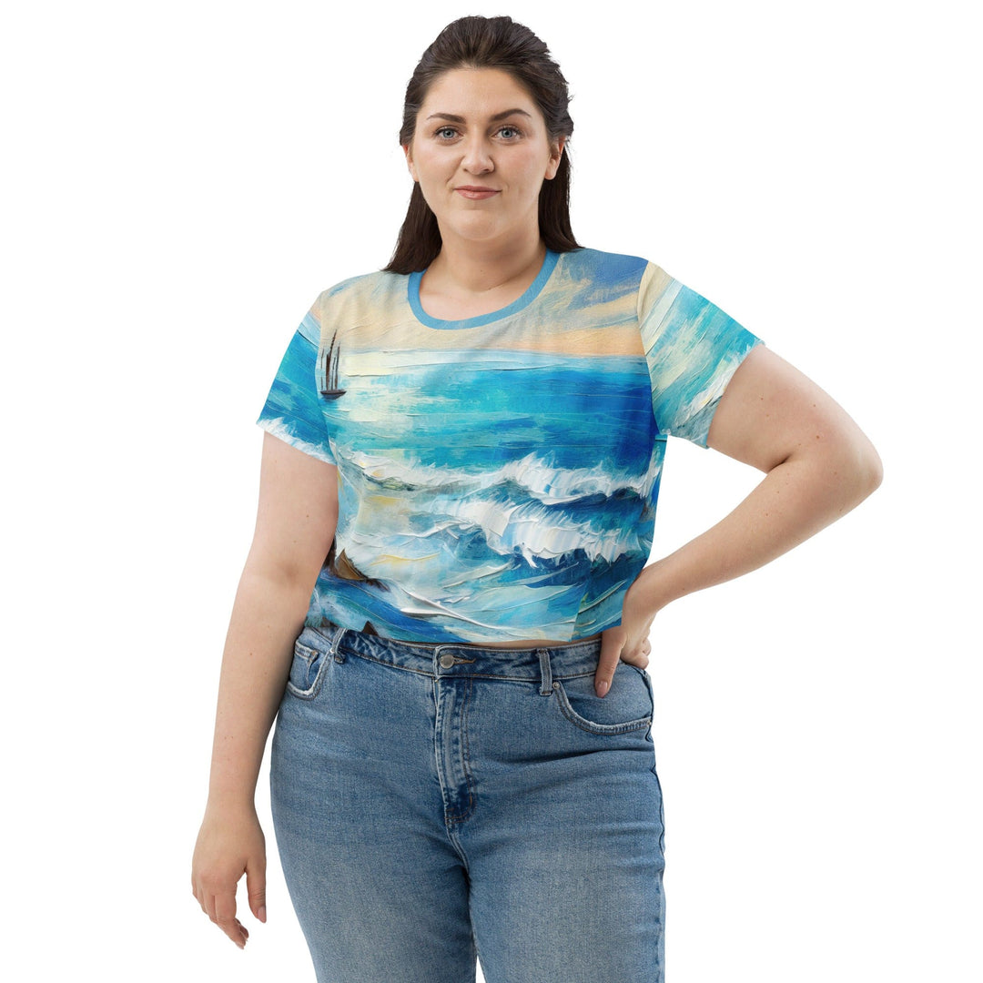 Womens Stretch Fit Crop Tee T-shirt Jersey - Blue Ocean Print
