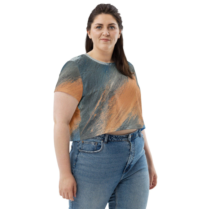 Womens Stretch Fit Crop Tee T-shirt Jersey - Blue Orange Abstract Pattern