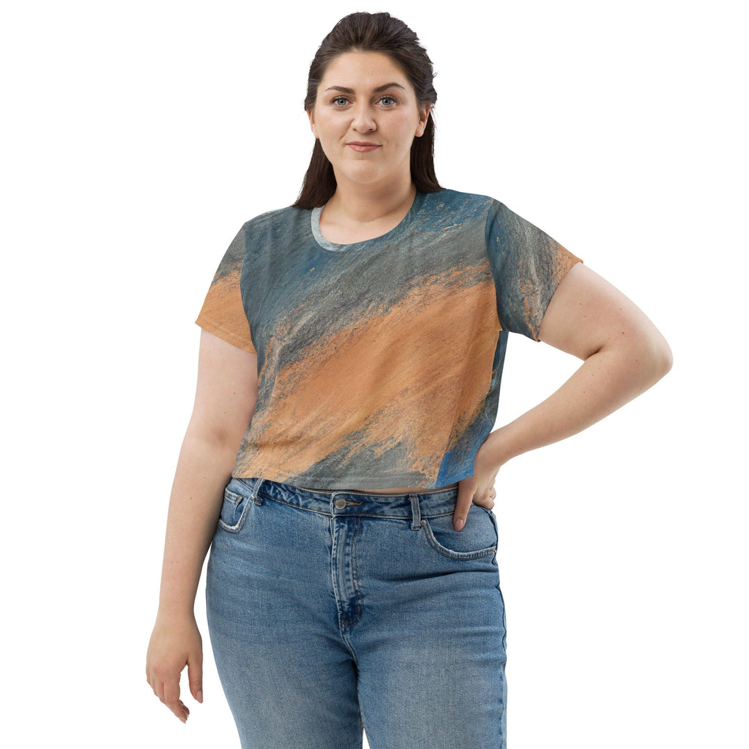 Womens Stretch Fit Crop Tee T-shirt Jersey - Blue Orange Abstract Pattern