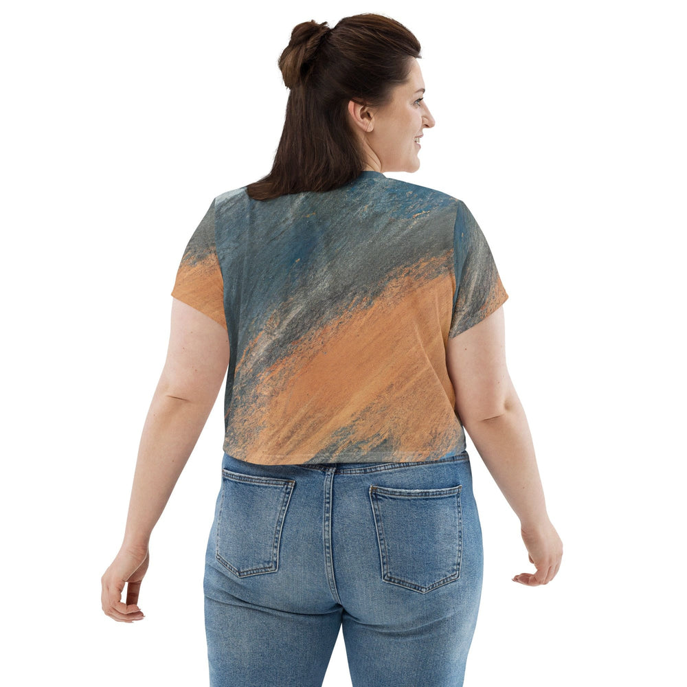 Womens Stretch Fit Crop Tee T-shirt Jersey - Blue Orange Abstract Pattern