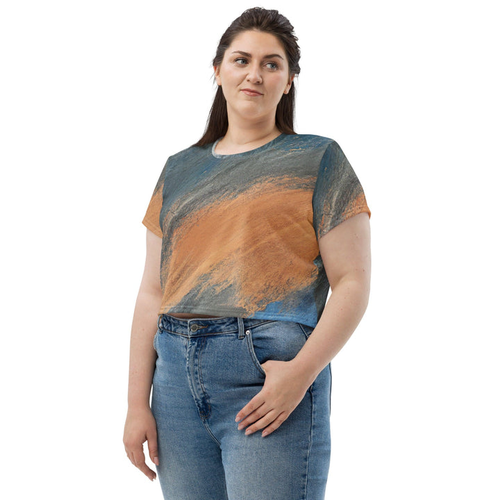 Womens Stretch Fit Crop Tee T-shirt Jersey - Blue Orange Abstract Pattern