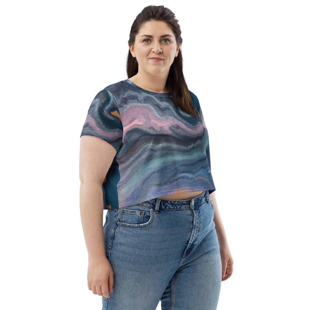 Womens Stretch Fit Crop Tee T-shirt Jersey - Blue Pink Marble Swirl Print
