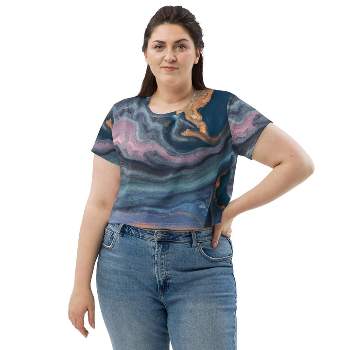 Womens Stretch Fit Crop Tee T-shirt Jersey - Blue Pink Marble Swirl Print