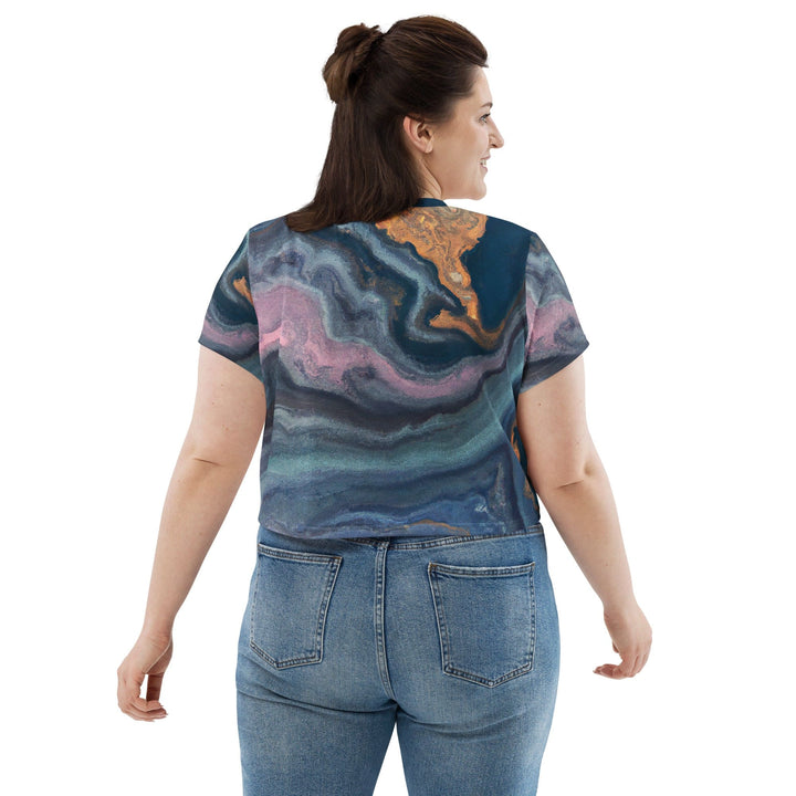Womens Stretch Fit Crop Tee T-shirt Jersey - Blue Pink Marble Swirl Print