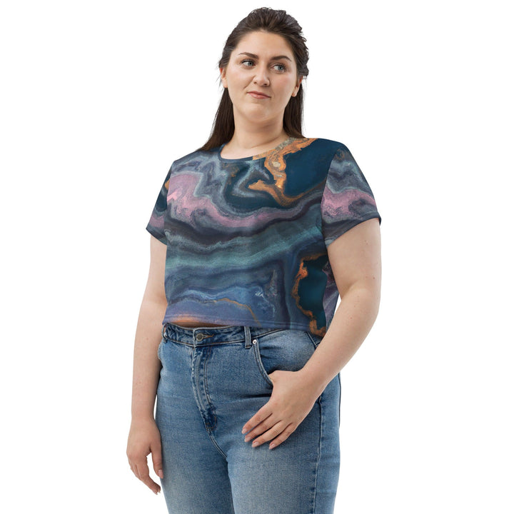 Womens Stretch Fit Crop Tee T-shirt Jersey - Blue Pink Marble Swirl Print