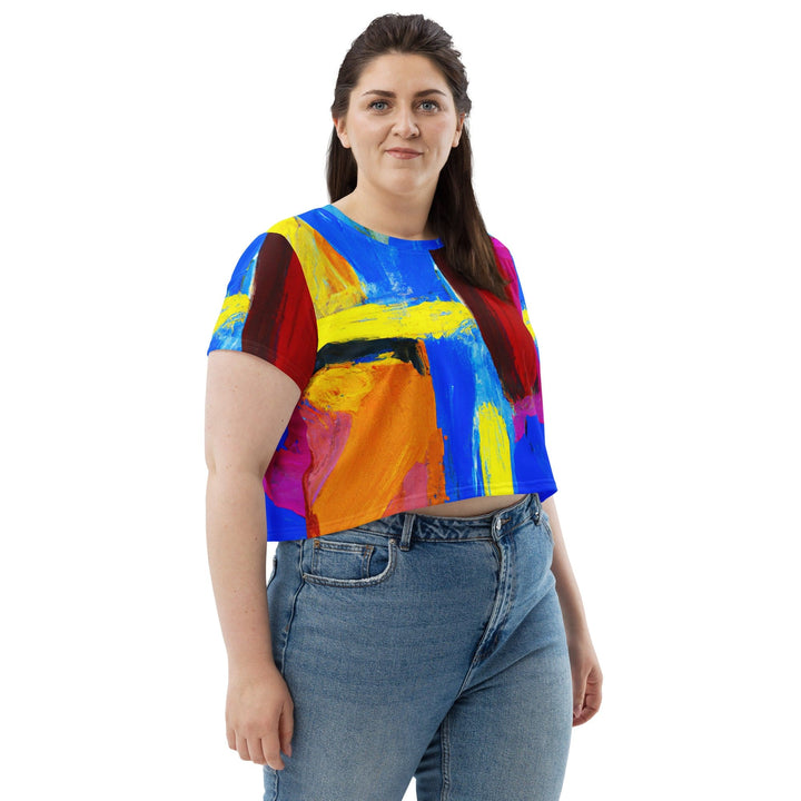Womens Stretch Fit Crop Tee T-shirt Jersey - Blue Red Abstract Pattern
