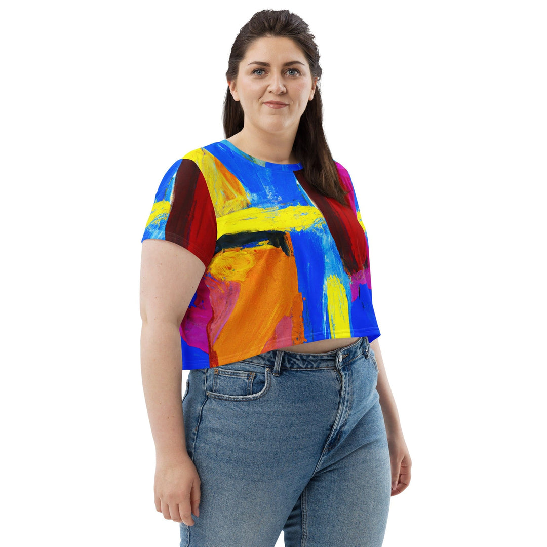 Womens Stretch Fit Crop Tee T-shirt Jersey - Blue Red Abstract Pattern