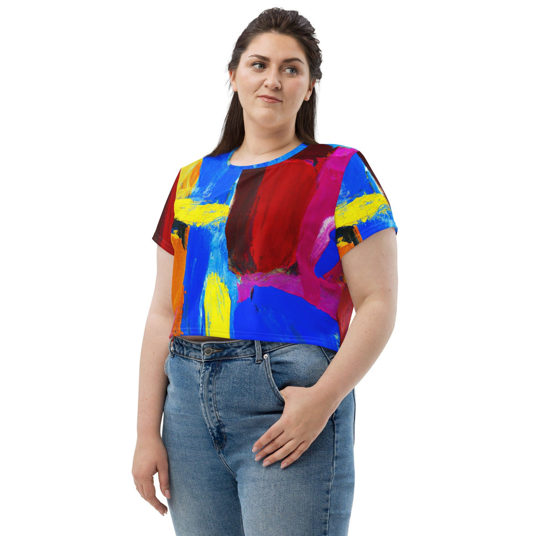 Womens Stretch Fit Crop Tee T-shirt Jersey - Blue Red Abstract Pattern