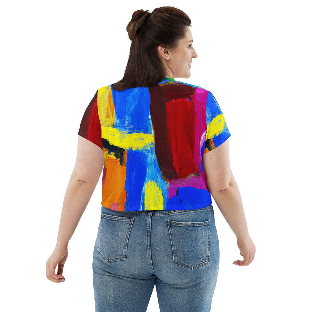 Womens Stretch Fit Crop Tee T-shirt Jersey - Blue Red Abstract Pattern