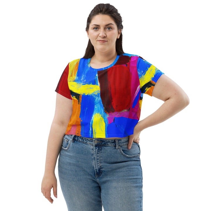 Womens Stretch Fit Crop Tee T-shirt Jersey - Blue Red Abstract Pattern