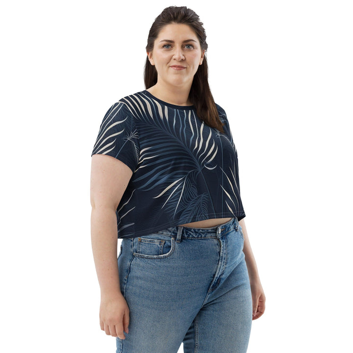 Womens Stretch Fit Crop Tee T-shirt Jersey - Blue White Palm Leaves