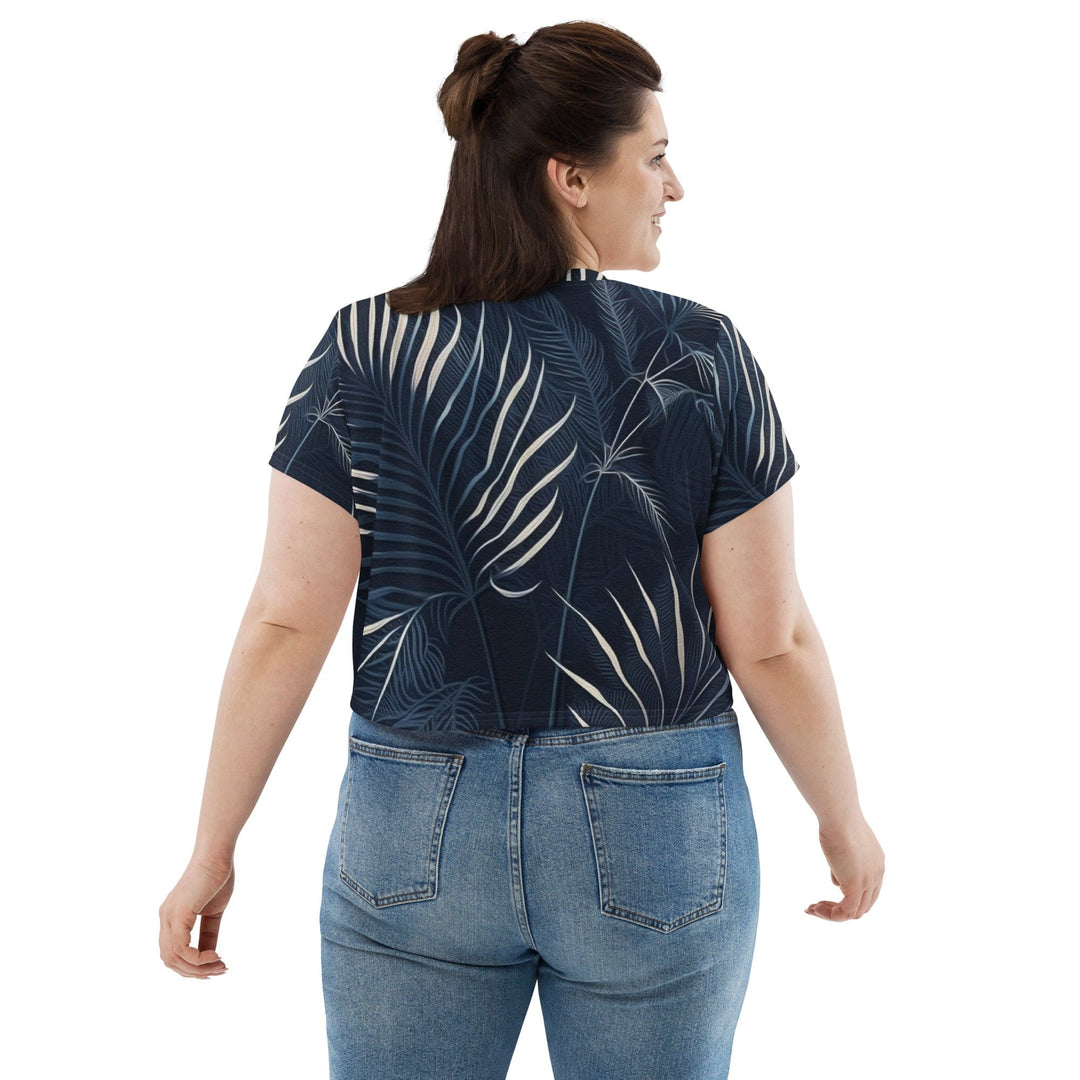 Womens Stretch Fit Crop Tee T-shirt Jersey - Blue White Palm Leaves