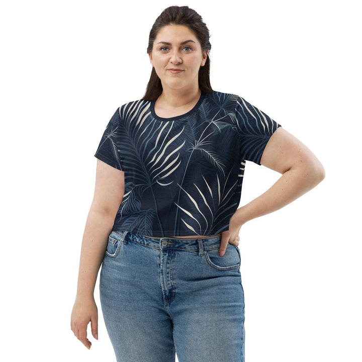 Womens Stretch Fit Crop Tee T-shirt Jersey - Blue White Palm Leaves