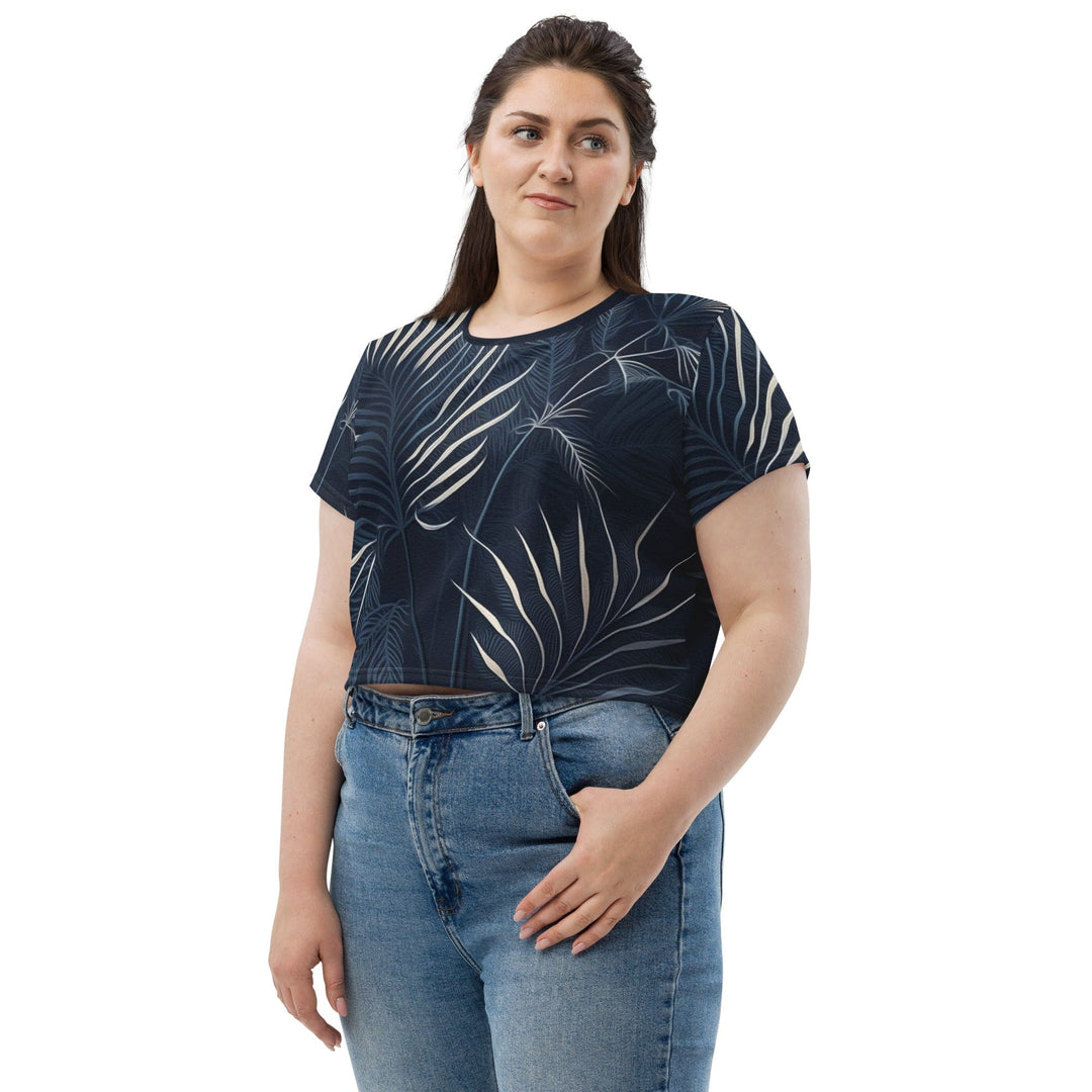 Womens Stretch Fit Crop Tee T-shirt Jersey - Blue White Palm Leaves