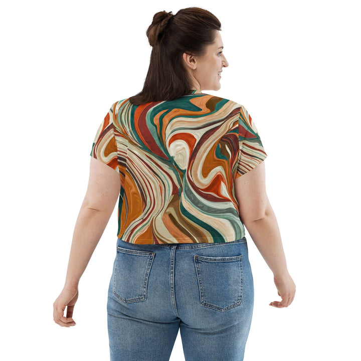 Womens Stretch Fit Crop Tee T-shirt Jersey - Boho Brown Marble Print