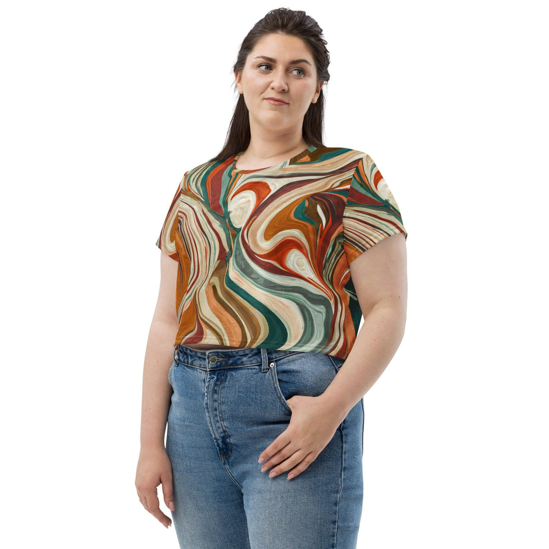 Womens Stretch Fit Crop Tee T-shirt Jersey - Boho Brown Marble Print