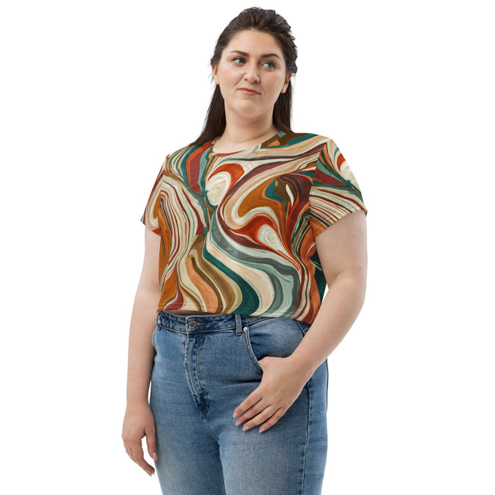 Womens Stretch Fit Crop Tee T-shirt Jersey - Boho Brown Marble Print