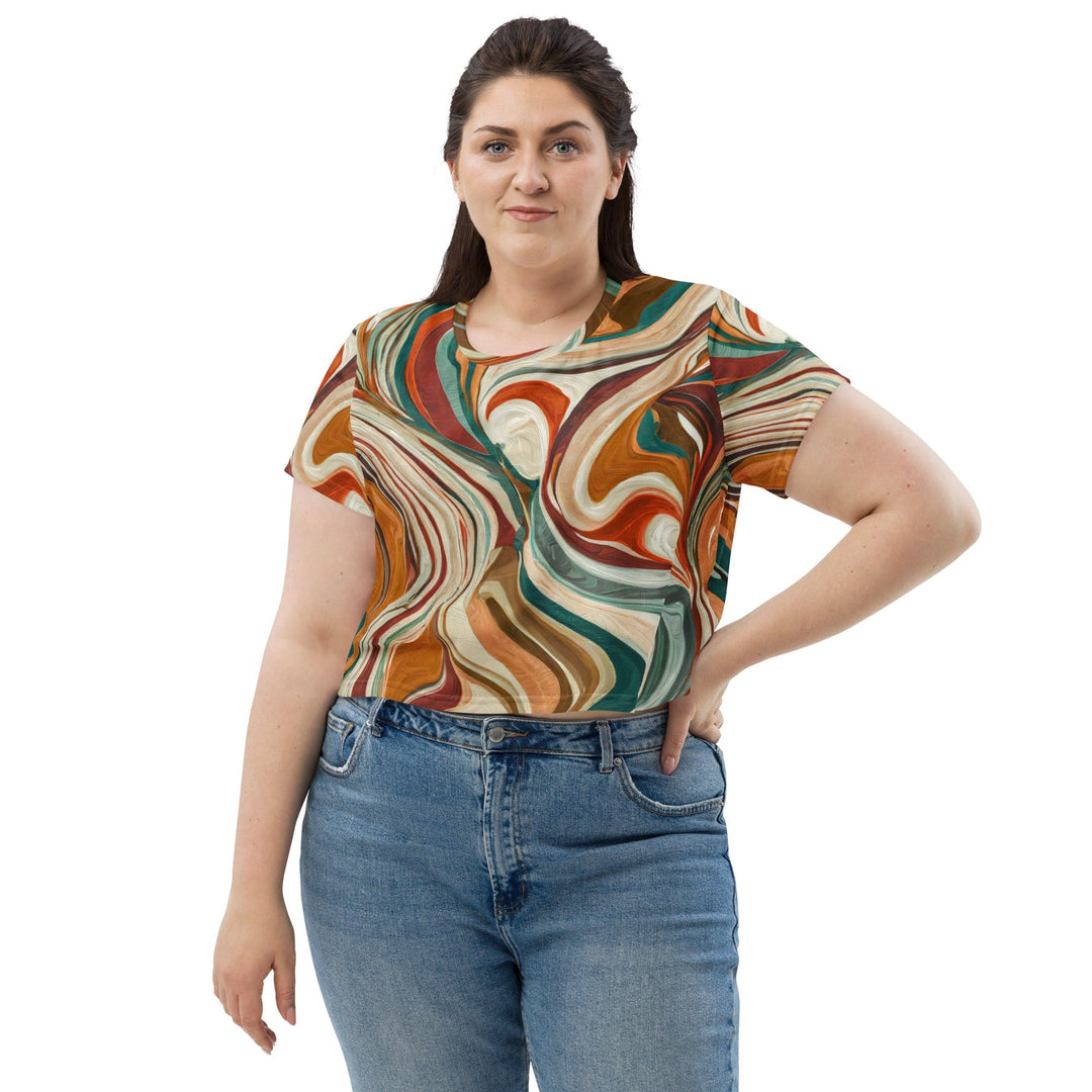 Womens Stretch Fit Crop Tee T-shirt Jersey - Boho Brown Marble Print