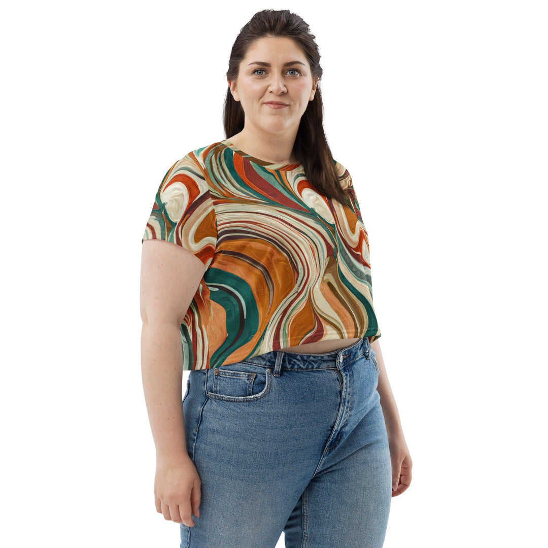 Womens Stretch Fit Crop Tee T-shirt Jersey - Boho Brown Marble Print