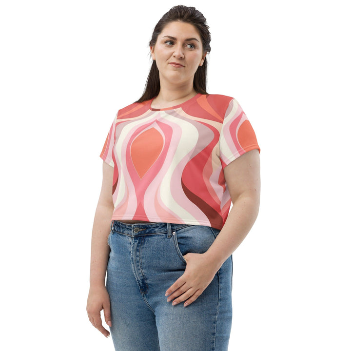 Womens Stretch Fit Crop Tee T-shirt Jersey - Pink White Boho Swirl Lines