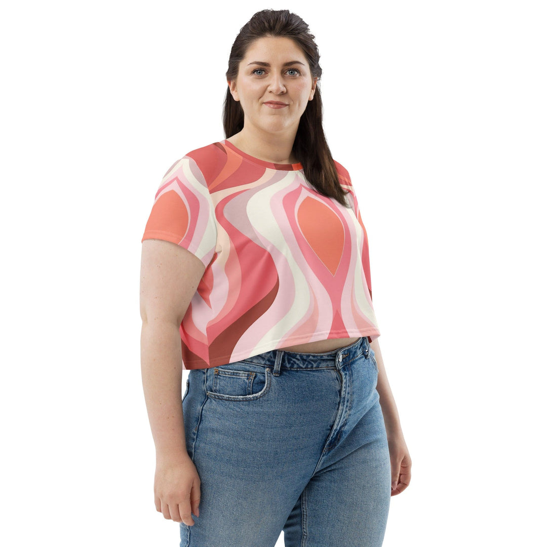 Womens Stretch Fit Crop Tee T-shirt Jersey - Pink White Boho Swirl Lines