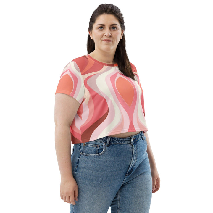 Womens Stretch Fit Crop Tee T-shirt Jersey - Pink White Boho Swirl Lines