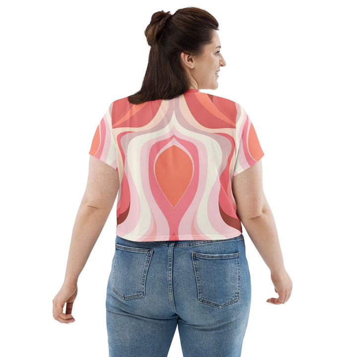 Womens Stretch Fit Crop Tee T-shirt Jersey - Pink White Boho Swirl Lines