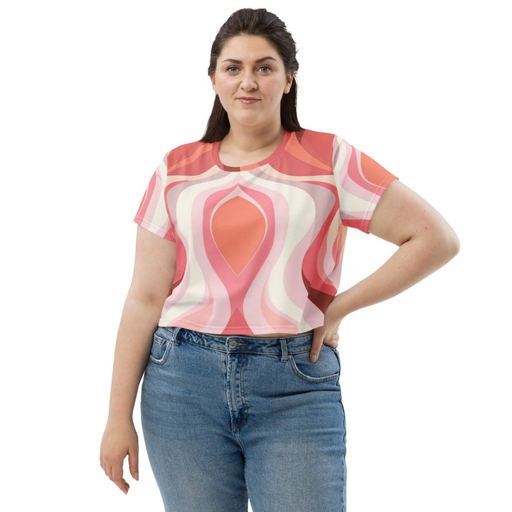 Womens Stretch Fit Crop Tee T-shirt Jersey - Pink White Boho Swirl Lines