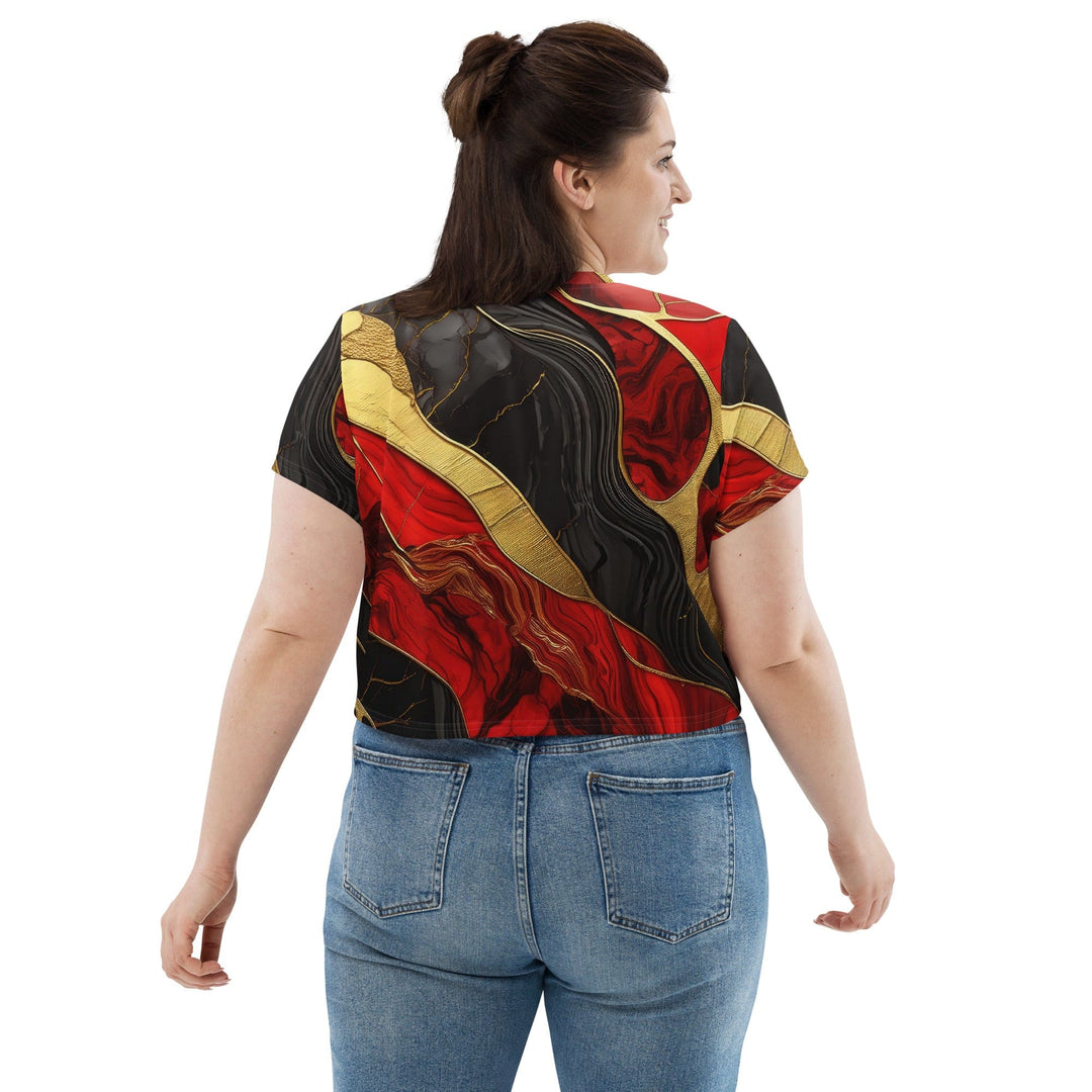 Womens Stretch Fit Crop Tee T-shirt Jersey - Bold Red Gold Tones Print