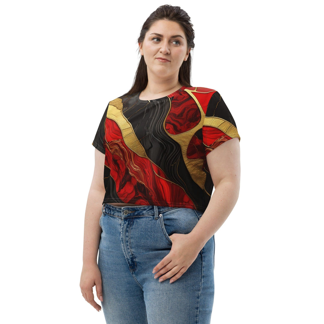 Womens Stretch Fit Crop Tee T-shirt Jersey - Bold Red Gold Tones Print