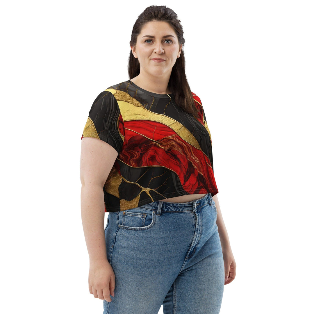 Womens Stretch Fit Crop Tee T-shirt Jersey - Bold Red Gold Tones Print