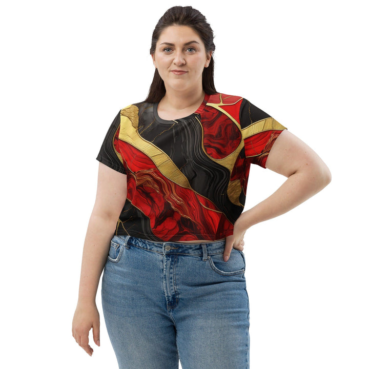 Womens Stretch Fit Crop Tee T-shirt Jersey - Bold Red Gold Tones Print