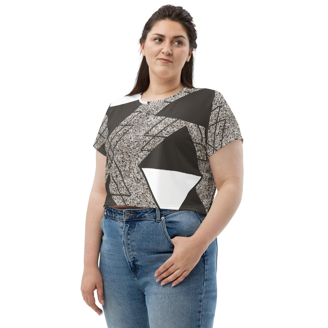 Womens Stretch Fit Crop Tee T-shirt Jersey - Brown and White Triangular