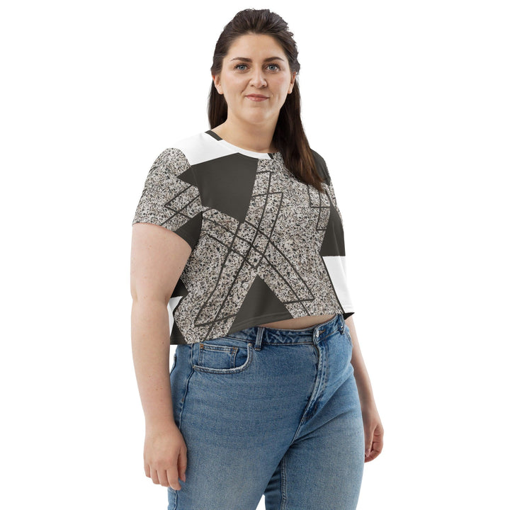 Womens Stretch Fit Crop Tee T-shirt Jersey - Brown and White Triangular