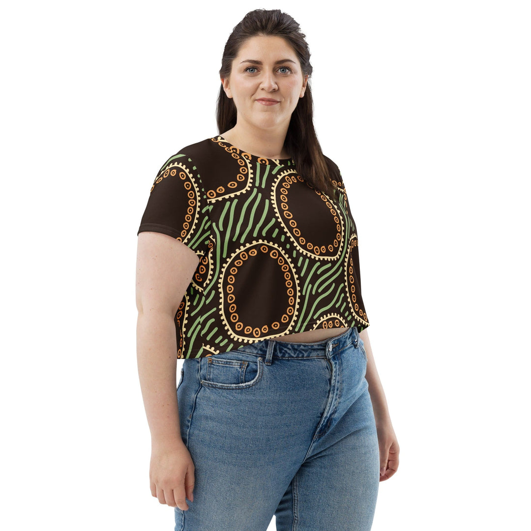 Womens Stretch Fit Crop Tee T-shirt Jersey Brown Green Geometric Lines