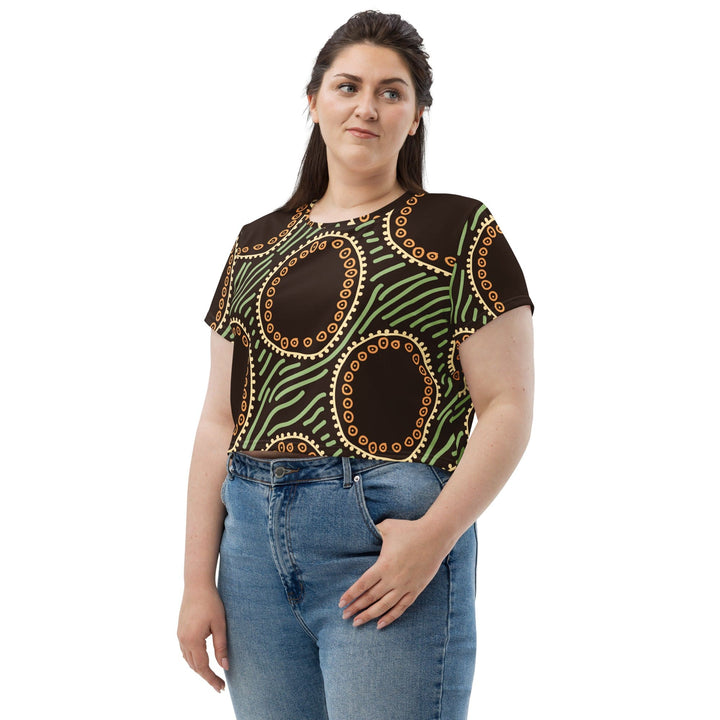 Womens Stretch Fit Crop Tee T-shirt Jersey Brown Green Geometric Lines