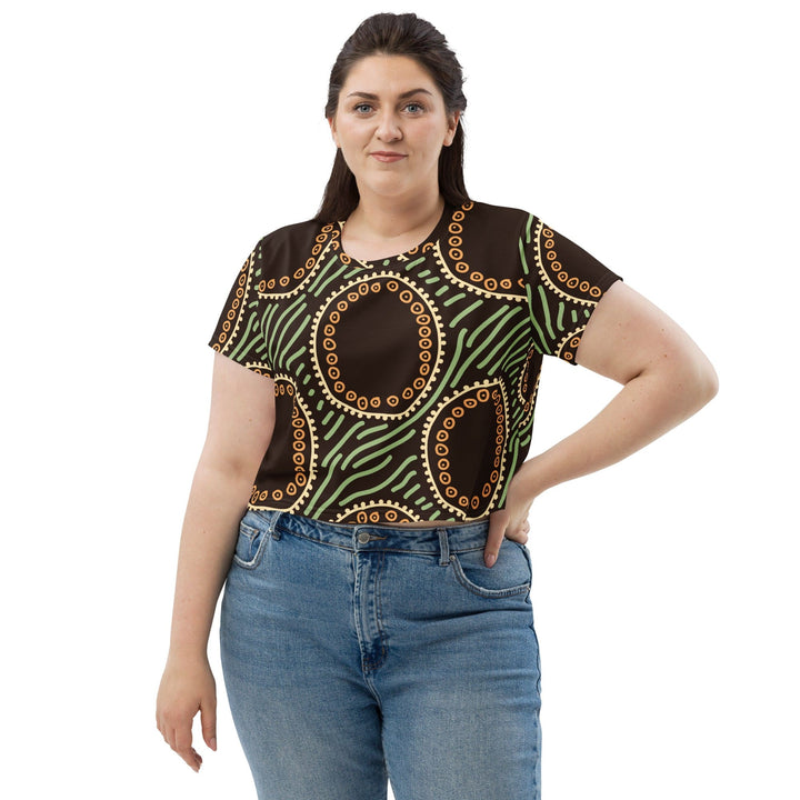 Womens Stretch Fit Crop Tee T-shirt Jersey Brown Green Geometric Lines