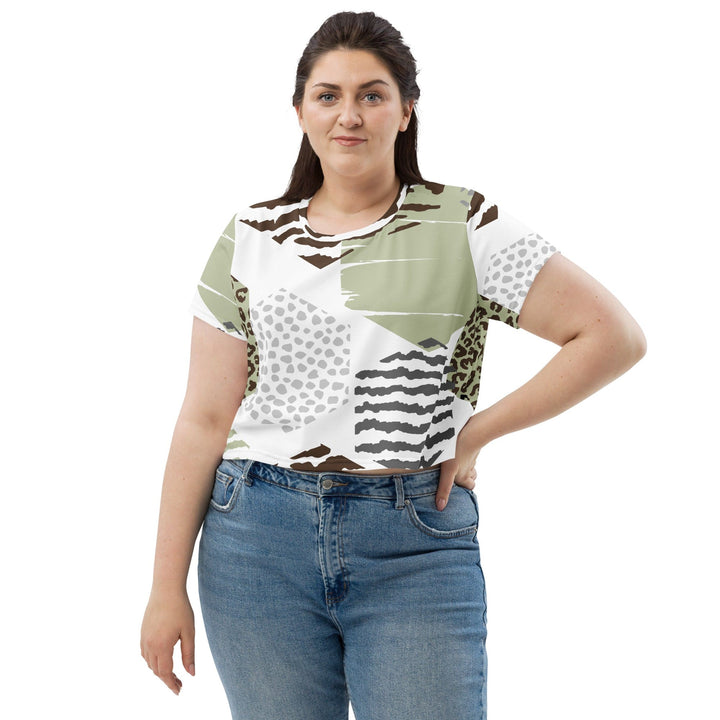Womens Stretch Fit Crop Tee T-shirt Jersey - Brown Green Grey Geometric