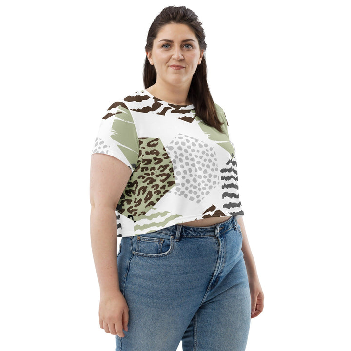 Womens Stretch Fit Crop Tee T-shirt Jersey - Brown Green Grey Geometric
