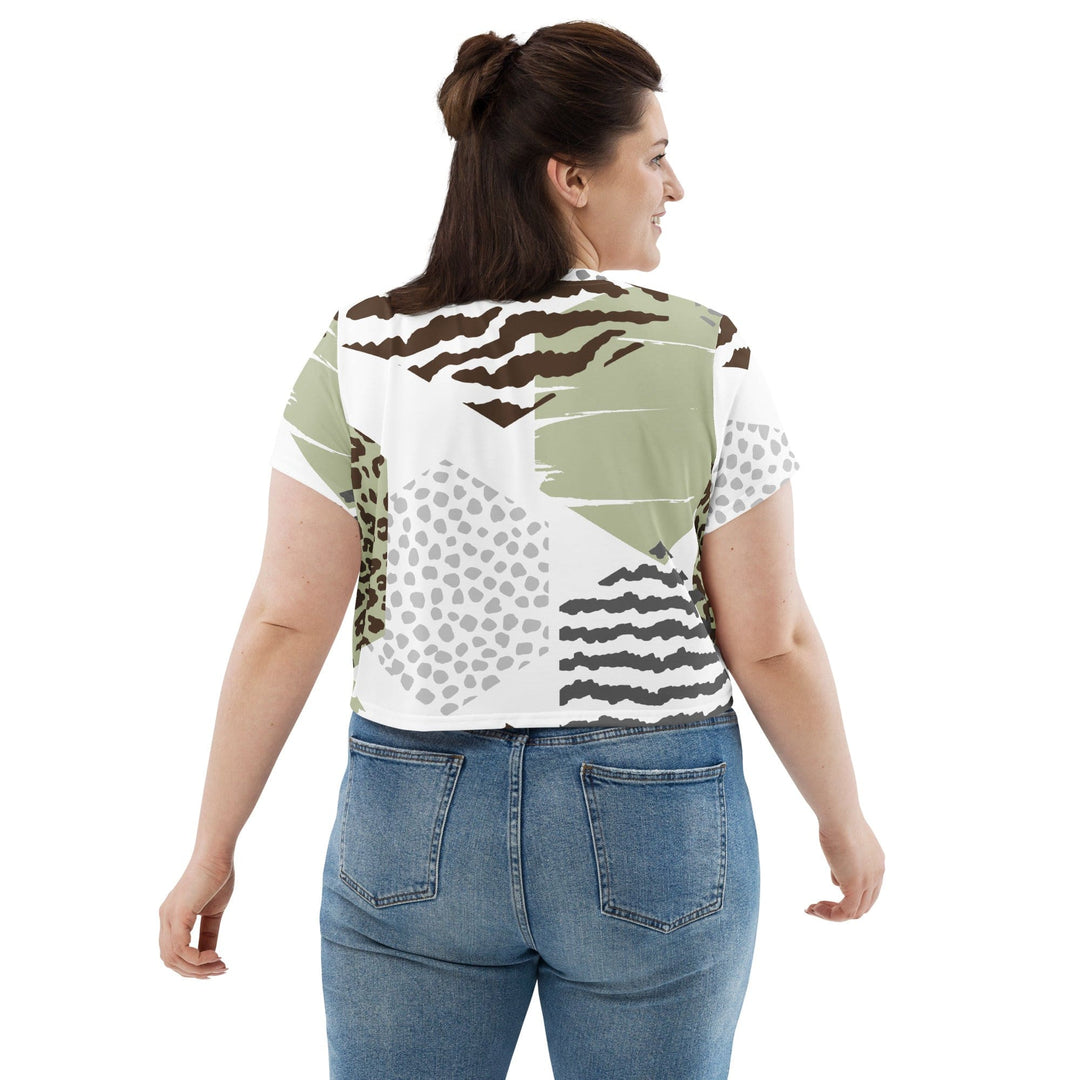 Womens Stretch Fit Crop Tee T-shirt Jersey - Brown Green Grey Geometric
