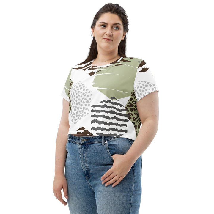 Womens Stretch Fit Crop Tee T-shirt Jersey - Brown Green Grey Geometric