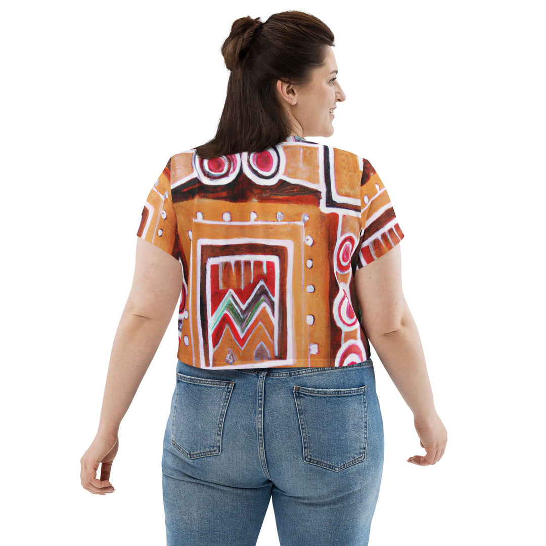 Womens Stretch Fit Crop Tee T-shirt Jersey - Brown Orange Green Aztec Pattern