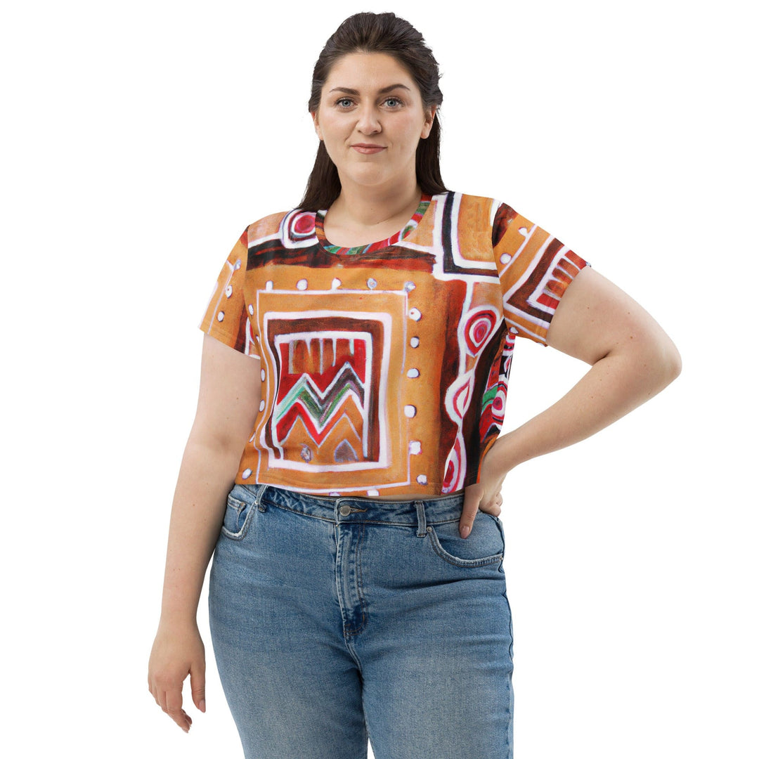 Womens Stretch Fit Crop Tee T-shirt Jersey - Brown Orange Green Aztec Pattern