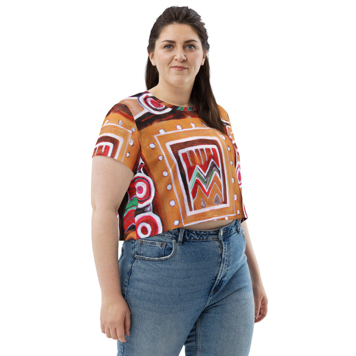 Womens Stretch Fit Crop Tee T-shirt Jersey - Brown Orange Green Aztec Pattern