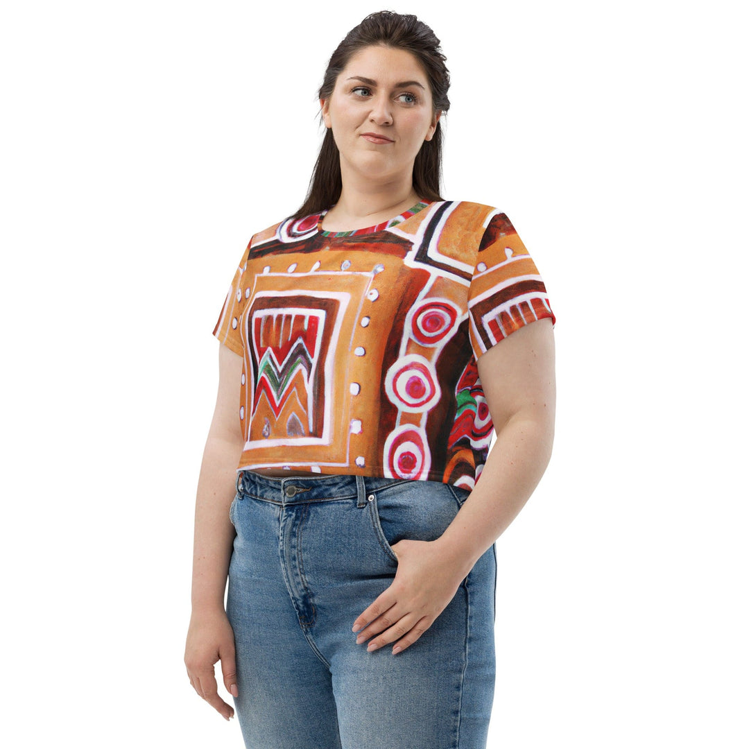 Womens Stretch Fit Crop Tee T-shirt Jersey - Brown Orange Green Aztec Pattern