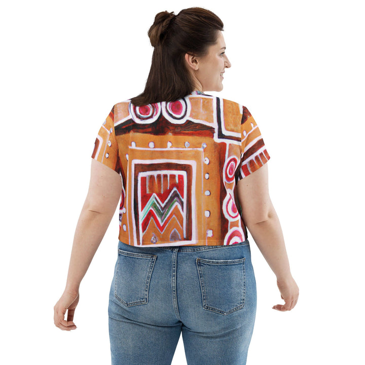 Womens Stretch Fit Crop Tee T-shirt Jersey - Brown Orange Green Aztec Pattern