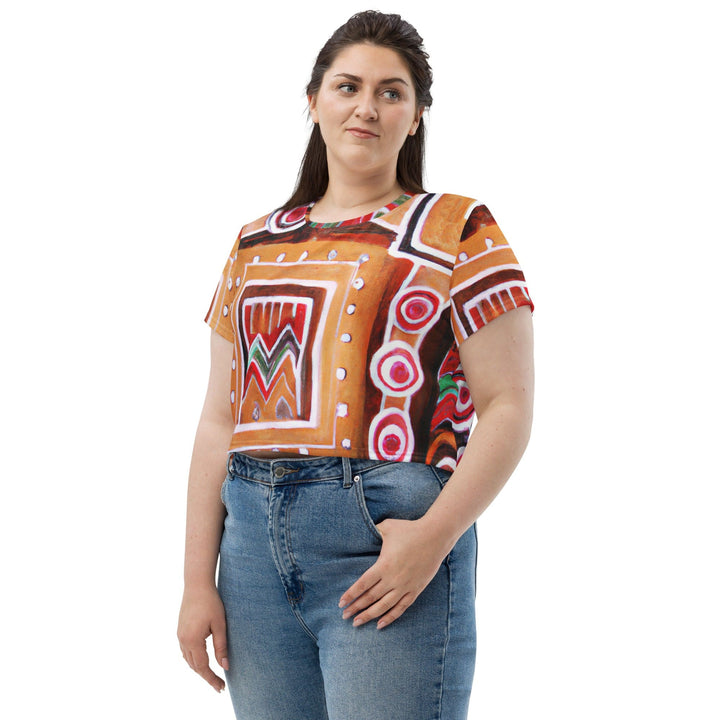 Womens Stretch Fit Crop Tee T-shirt Jersey - Brown Orange Green Aztec Pattern